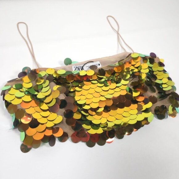 NWOT ZARA Metallic Gold SEQUIN Crop TOP Thin Straps 9406/103‎ Size XS - Picture 12 of 16
